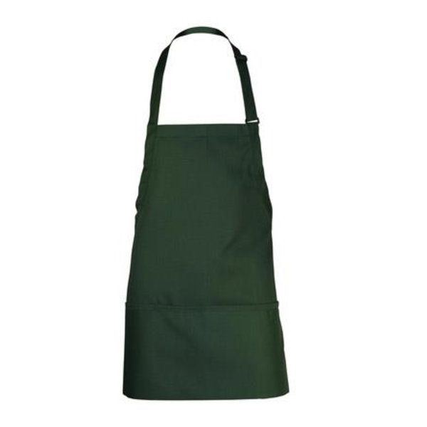 Bib Apron, 24"L x 27-1/2"W, adjustable neck buckle, (3) pockets, 65/35 poly/cotton, hunter green