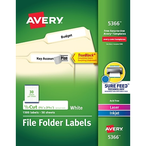 Avery AVE5366 Permanent White Self-Adhesive Laser & Inkjet File Folder Labels