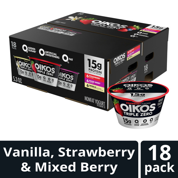 Oikos Triple Zero Greek Nonfat Yogurt, Strawberry, Mixed Berry