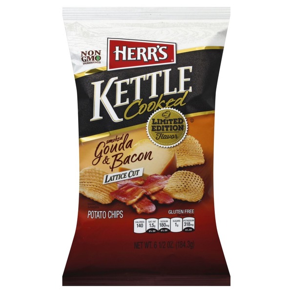 Herrs Potato Chips, Kettle Cooked, Smoked Gouda & Bacon, Lattice Cut (6