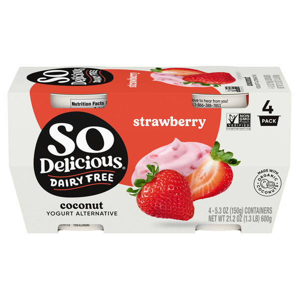 So Delicious Dairy Free Coconut Yogurt Alternative, Strawberry, Vegan, Gluten Free, Non-GMO, Creamy Plant Based Yogurt Alternative, 4 Ct, 5.3 oz Containers
