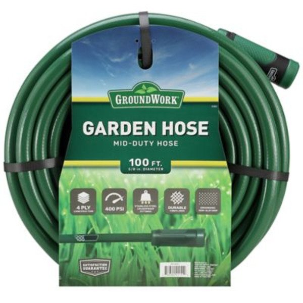 Ground Work 5/8 in. x 100 ft. Mid-Duty Garden Hose, 400 PSI, Green