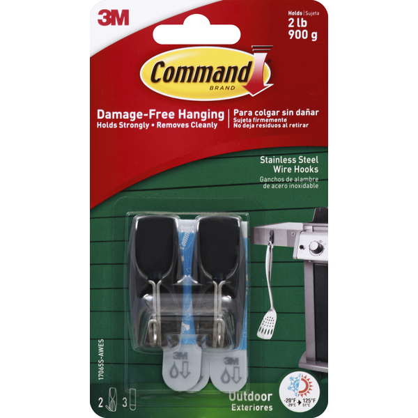 3M Command Outdoor Stainless Steel Wire Hooks with Foam Strips, 2 med