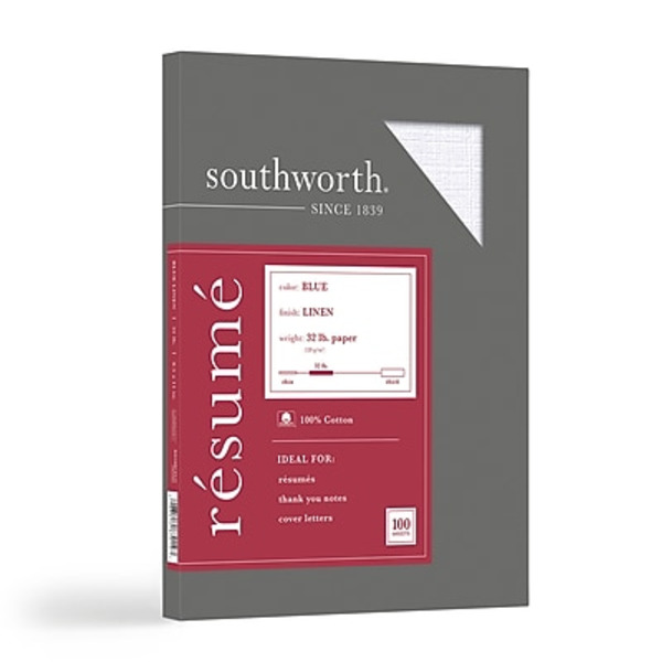 Neenah Paper Southworth 8.5" x 11" Blue 100 Brightness 32 lb 100% Recycled Cotton Multipurpose Linen Resume Paper