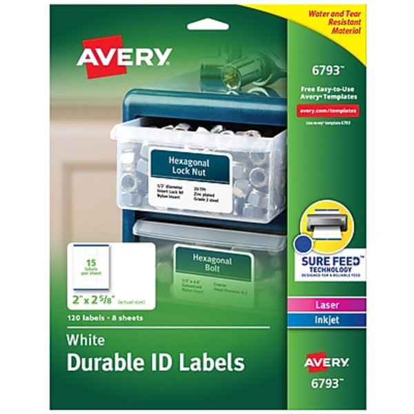 Avery 2" x 2.625" White 15-Labels Durable Laser & Inkjet ID Labels