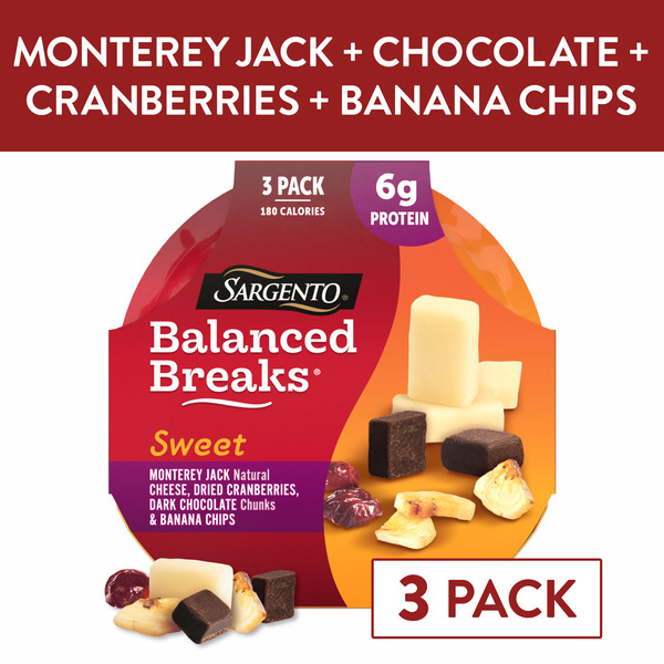 Sargento Sweet Balanced Breaks®  Monterey Jack Natural Cheese, Dried Cranberries, Dark Chocolate Chunks & Banana Chips Snack Kit, 3-Pack