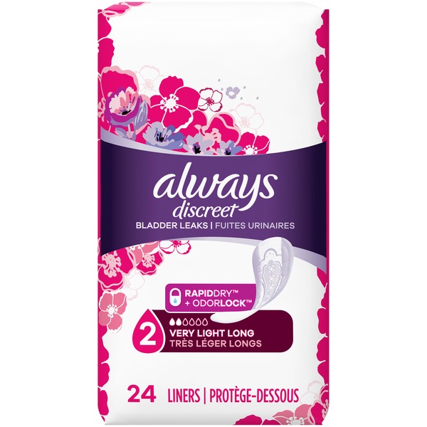 Always Discreet Incontinence Liners, Very Light Absorbency, Long (24 ct