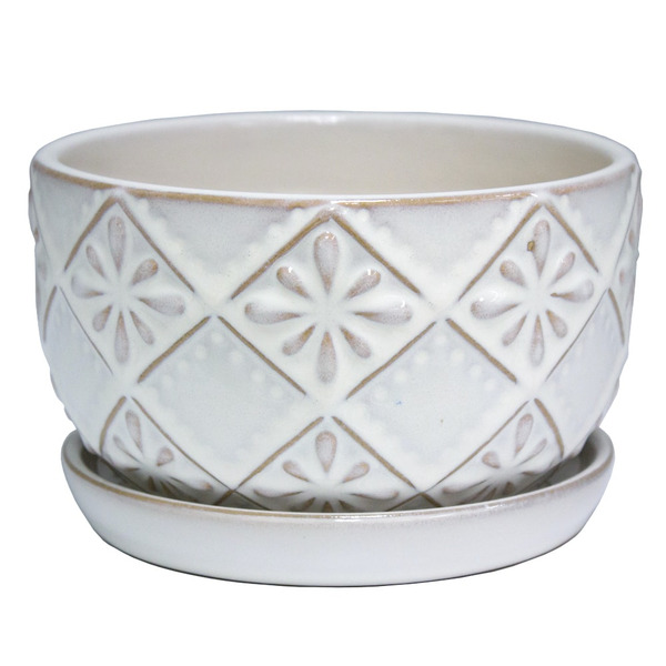 allen + roth 6.1-in W x 14.88-in L x 3.94-in H Cream Ceramic Round Planter