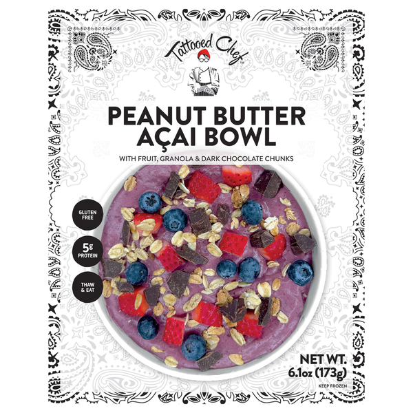 Tattooed Chef Peanut Butter Acai Bowl with Fruit, Granola & Dark