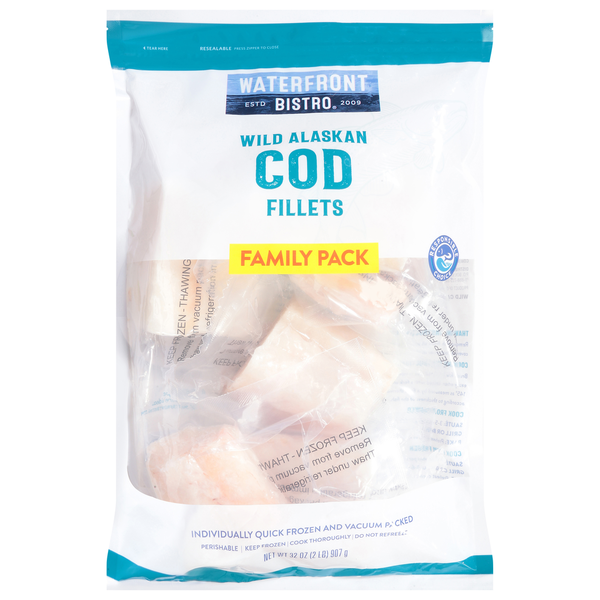Waterfront Bistro Cod Fillets, Wild Alaskan, Boneless & Skinless, 2 lb Pack