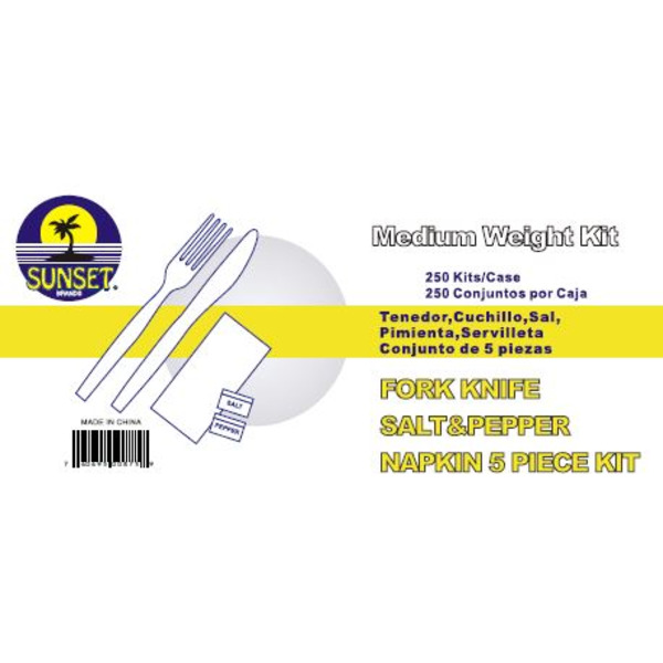 Sunset - 5 Piece Wrapped Cutlery Set in White (fork, knife, napkin, s&p) - 250 Ct