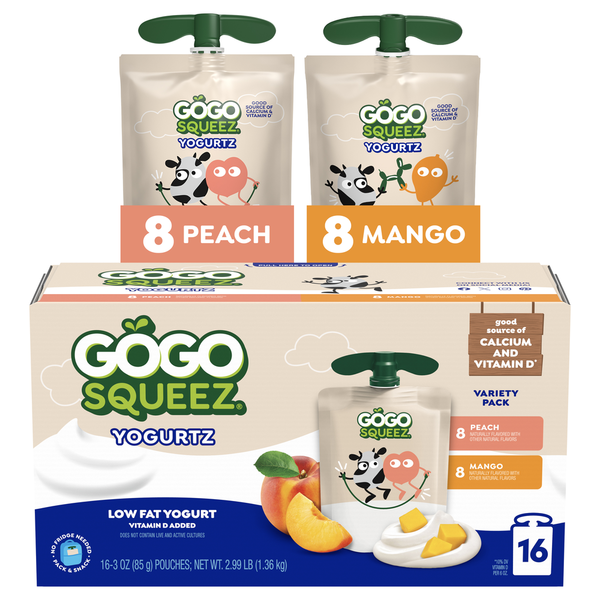 GoGo Squeez YogurtZ, Variety Pack, Peach, Mango, 16 Pack