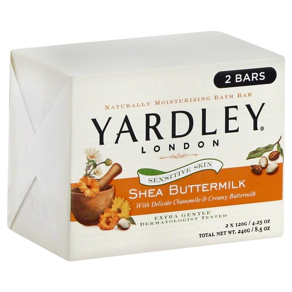 Yardley Bar Soap, Shea Buttermilk, Sensitive Skin, 2 Pack, Box (4.25 oz