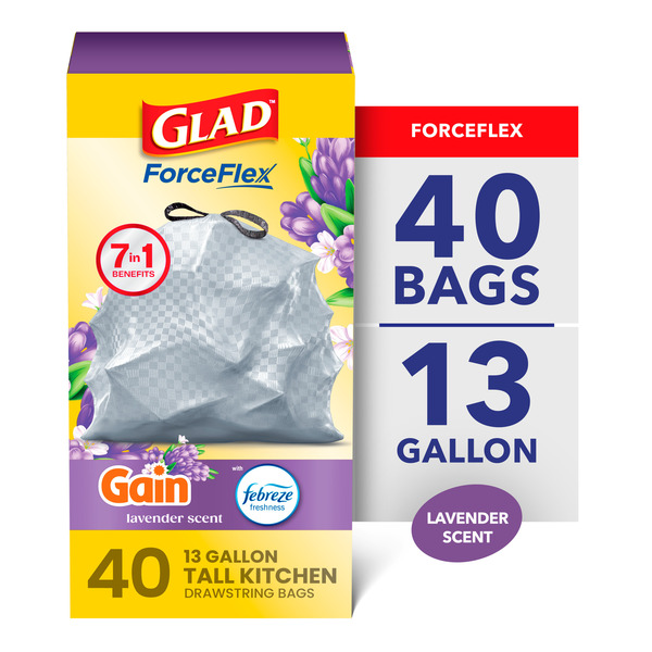 Glad ForceFlex Tall Kitchen Drawstring Trash Bags, 13 Gallon, Gain Lavender