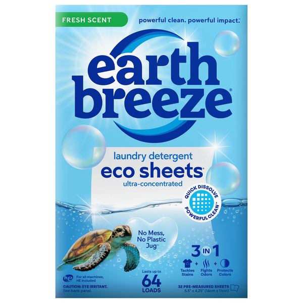 Earth Breeze Laundry Detergent Eco Sheets, Fresh Scent, 64 Loads