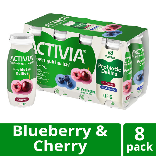 Activia Probiotic Dailies Blueberry and Cherry Low Fat Yogurt Drinks, Delicious Daily Probiotic Yogurt Drinks to Help Support Gut Health, 3.1 fl oz, 8 count