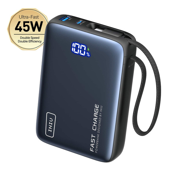 INIU Portable 45W PD 20000 mAh Power Bank with Built-in Cable & Digital Display - Black
