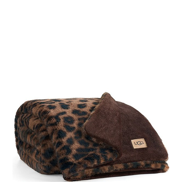 UGG Everett Black Leopard Print Faux Fur Reversible Throw Blanket