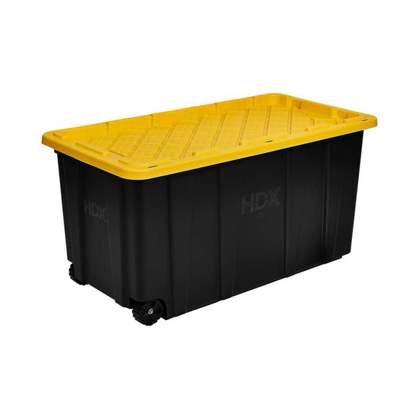 HDX 77 Gal. Tough Storage Tote With Wheels In Black With Yellow Lid