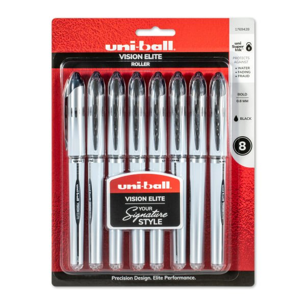 Uni-Ball 0.8mm Bold Point Silver Barrel Vision Elite Liquid Ink Rollerball Pens - Black Ink