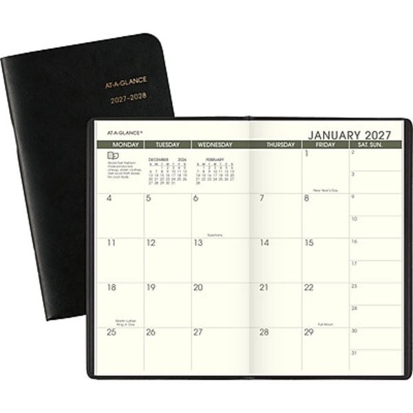 AT-A-GLANCE 2027-2028 Recycled Monthly Planner with Faux Leather Cover, 3.5 x 6 in - Black