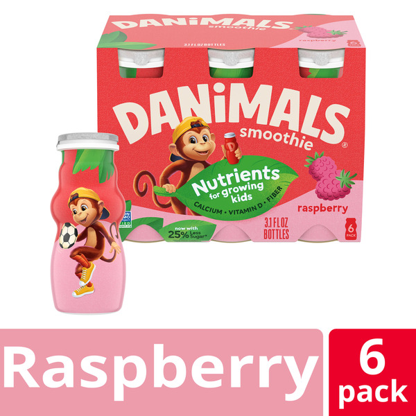Danimals Smoothie Raspberry Low Fat Dairy Drink Multi-Pack, Creamy and Delicious Snacks for Kids, 6 Ct, 3.1 fl oz Smoothie Bottles