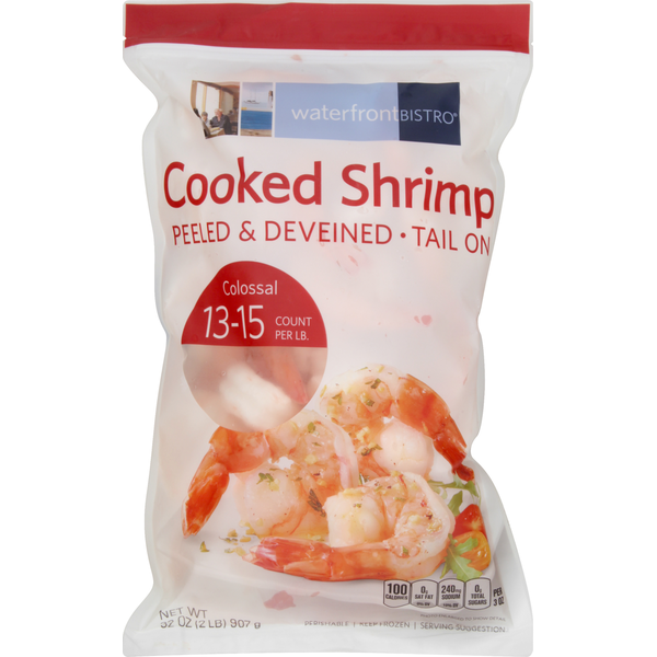 Waterfront Bistro Shrimp, Cooked, Peeled & Deveined. Tail On, Colossal
