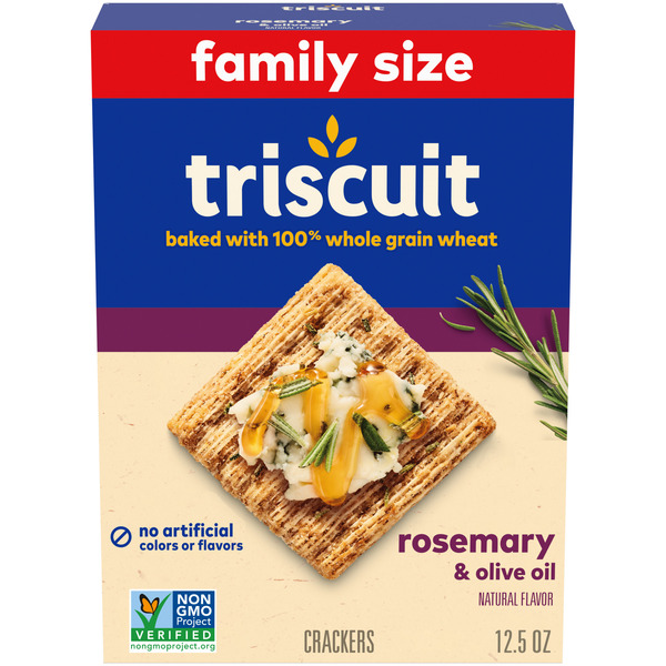 TRISCUIT Rosemary & Olive Oil Whole Grain Wheat Crackers, Lunch Snacks, Family Size 12.5 oz