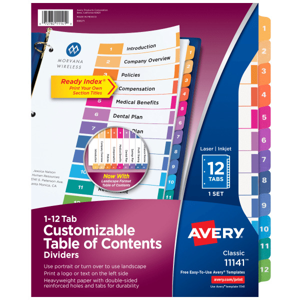 Avery Ready Index 20% Recycled 1-12 Tab Table Of Contents Dividers - Multicolor