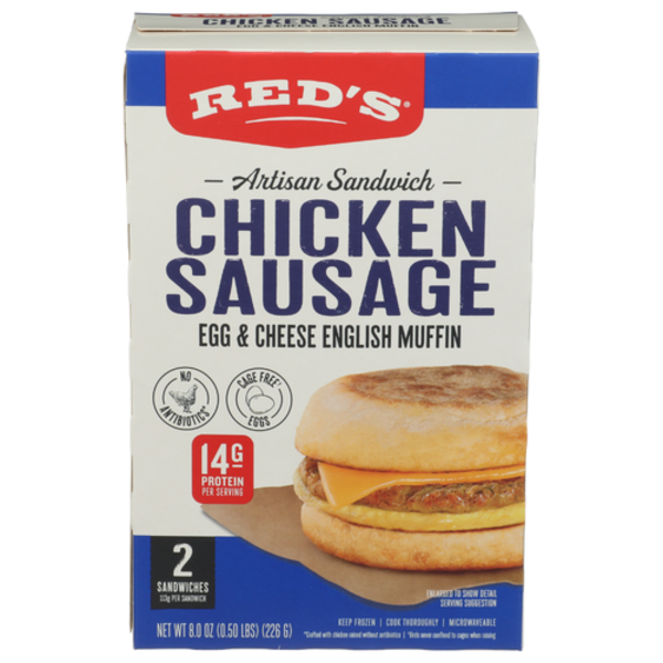 Red's All Natural Chicken Sausage, Egg & Cheese English Muffin Artisan Sandwiches 2 Pack