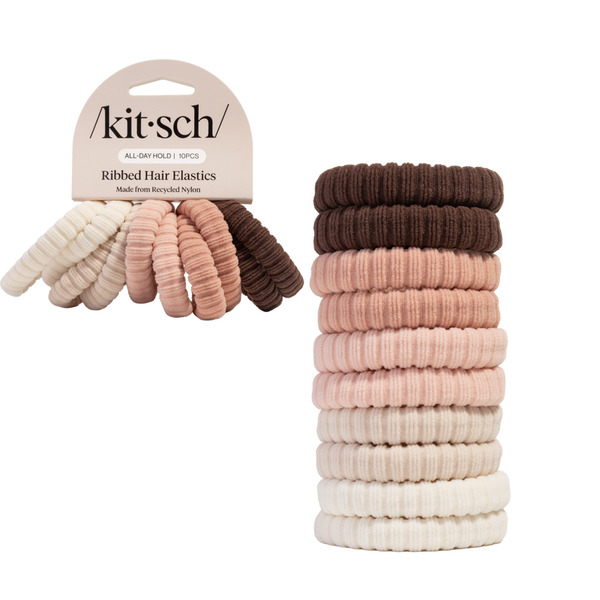 Kitsch Recycled Fabric Ribbed Hair Elastics - Blush