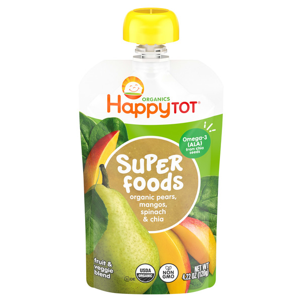 Happy Tot Organics Stage 4 Baby Food Pouches, Gluten Free, Vegan Snack, SuperFoods Fruit & Veggie Puree, Pears, Mango, Spinach & Chia, 4.22 Ounce (Pack of 1)