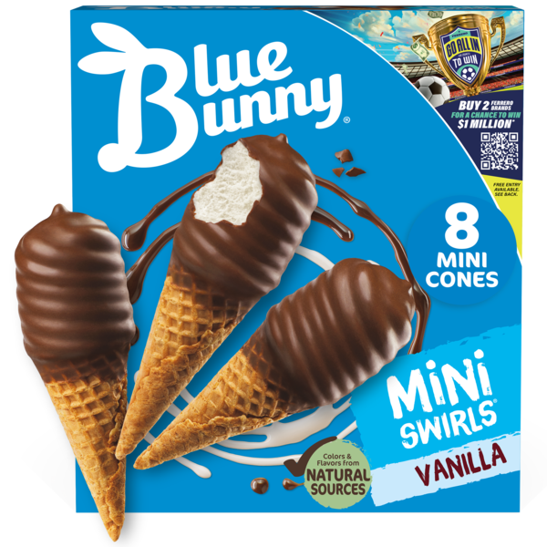 Blue Bunny Mini Swirls Vanilla Cones, Frozen Dessert, 8 Pack