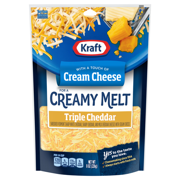 Kraft with a Touch of Cream Cheese for Creamy Melt Triple Cheddar Shredded Cheese