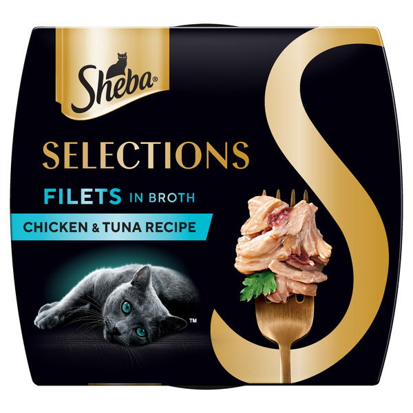 SHEBA PERFECT PORTIONS Selections Filets in Broth Cat Meal Complement Chicken & Tuna Recipe, 1.3 oz. Cup, 12 Pack