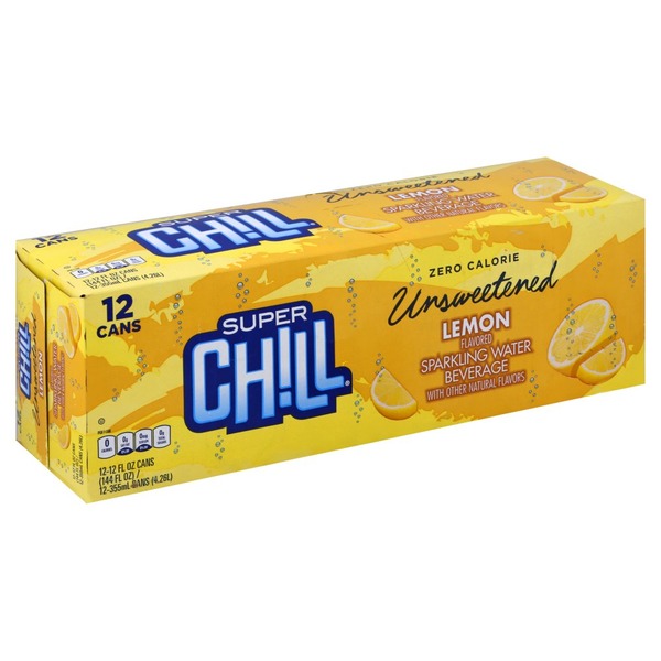 Super Chill Sparkling Water Beverage, Unsweetened, Lemon Flavored (12
