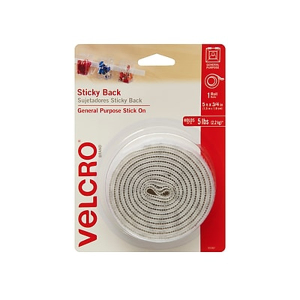 Velcro 3/4" x 5' White Sticky-Back Hook & Loop Fastener Tape Roll With Dispenser