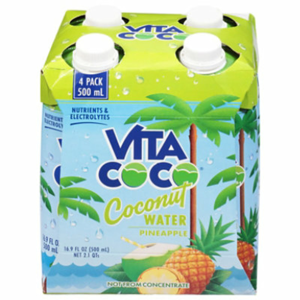 A four-pack of Vita Coco Coconut Water Pineapple in green and blue packaging with palm tree and pineapple imagery.