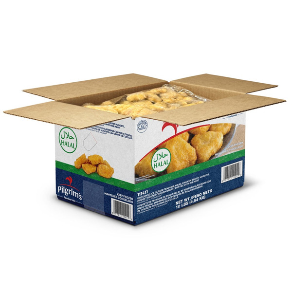 Pilgrim's Pride Brand Uncooked Ice Glazed Tempura Halal Chicken Breast Nuggets, Nugget
Shaped Chicken Breast Patties With Rib Meat