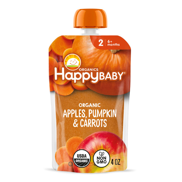 Happy Baby Organics Organics Stage 2 Baby Food Pouches, Gluten Free, Vegan & Healthy Snack, Clearly Crafted Fruit & Veggie Puree, Apples, Pumpkin & Carrots, 4 oz.