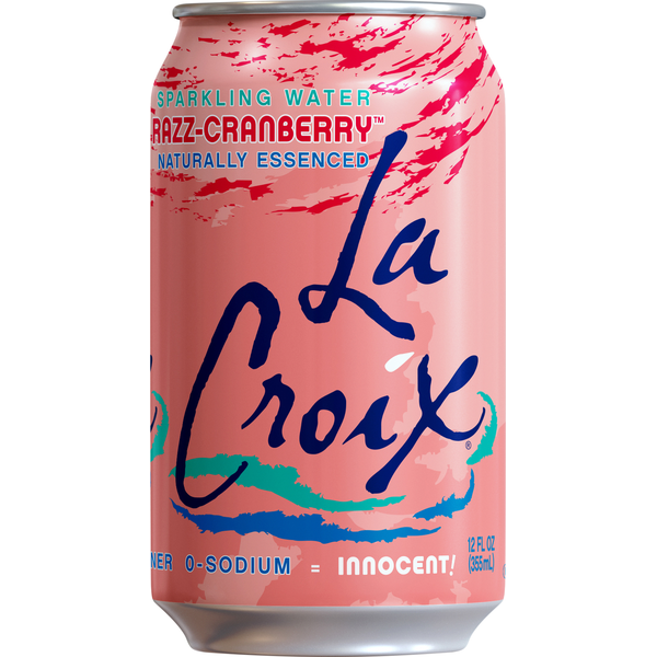 A pink can of LaCroix Razz-Cranberry sparkling water with blue text and a wave design.