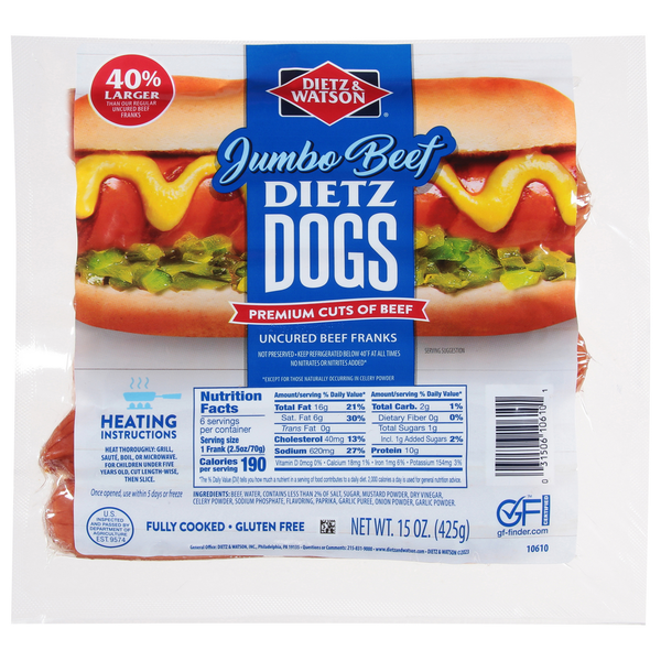 Dietz & Watson Beef Franks, Uncured, Jumbo Same-Day Delivery or