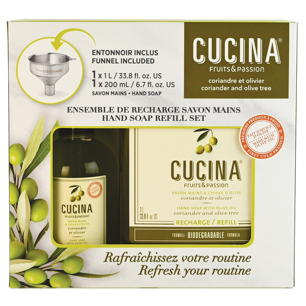 Fruits & Passion Coriander & Olive Tree Hand Soap Refill Set with Glass Bottle & Funnel