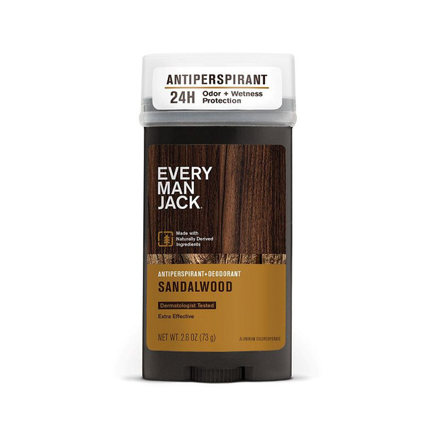 Every Man Jack Men’s Sandalwood Teak Antiperspirant Deodorant - Stay Fresh with Antiperspirant Men’s Deodorant - Odor Crushing, Long Lasting, Plant-Based, and No Harsh Chemicals - 2.6 oz