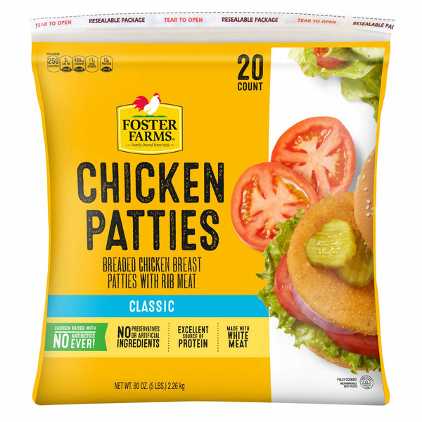 Foster Farms Breaded Chicken Patties, 1/4 lb Patty, 20-count