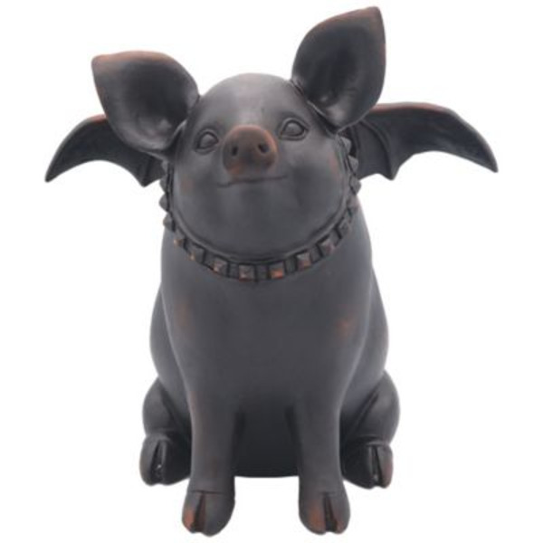 Red Shed 7.6 in. Pig with Bat Wings Halloween Statue, Black