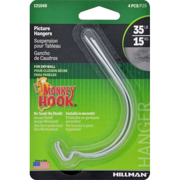 Hillman 35 lb. Monkey Hook Picture Hangers, 4-Pack