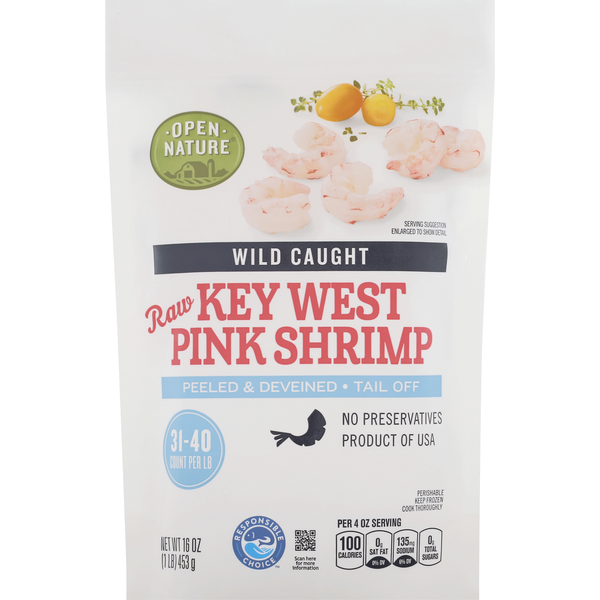 Open Nature Wild Caught Raw Key West Pink Shrimp 31-40 Count Peeled & Deveined Tail Off