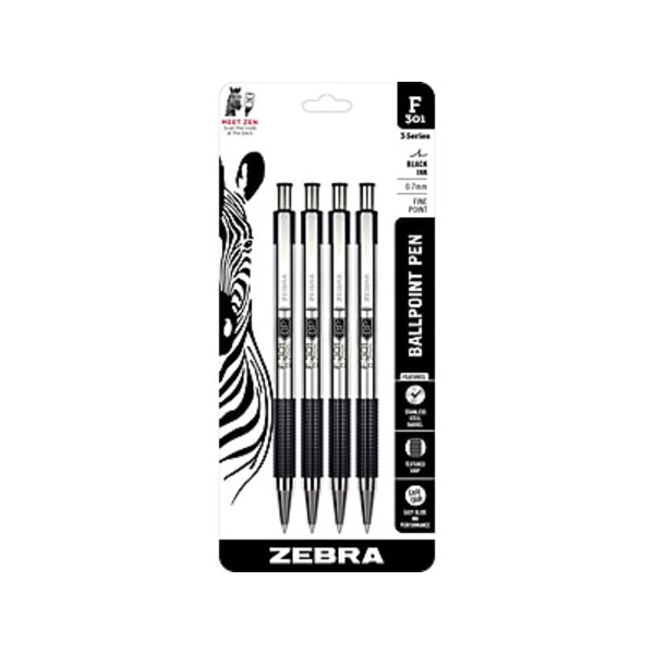 Zebra 3 Series F-301 Fine Point Retractable Ballpoint Pens - Black