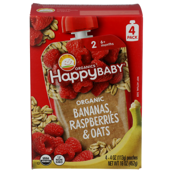Happy Baby Organic Bananas Raspberries & Oats Stage 2 Baby Food 4 Pack